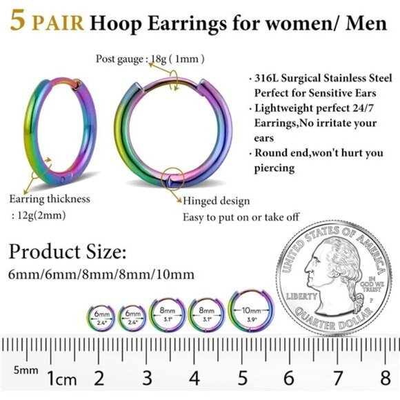 5 Pairs Small Rainbow Hoop Earrings Unisex Hypoallergenic 316L Stainless Steel - Picture 2 of 7